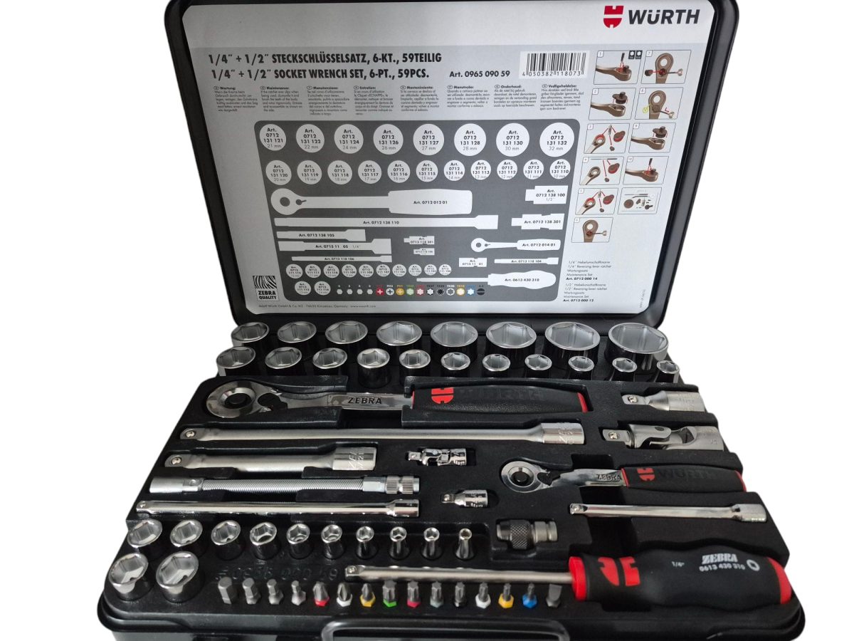 YÜKSEK KALİTELİ WÜRTH ZEBRA 59 PARÇA 1/4 + 1/2 LOKMA ANAHTAR TAKIMI 6 KÖŞE